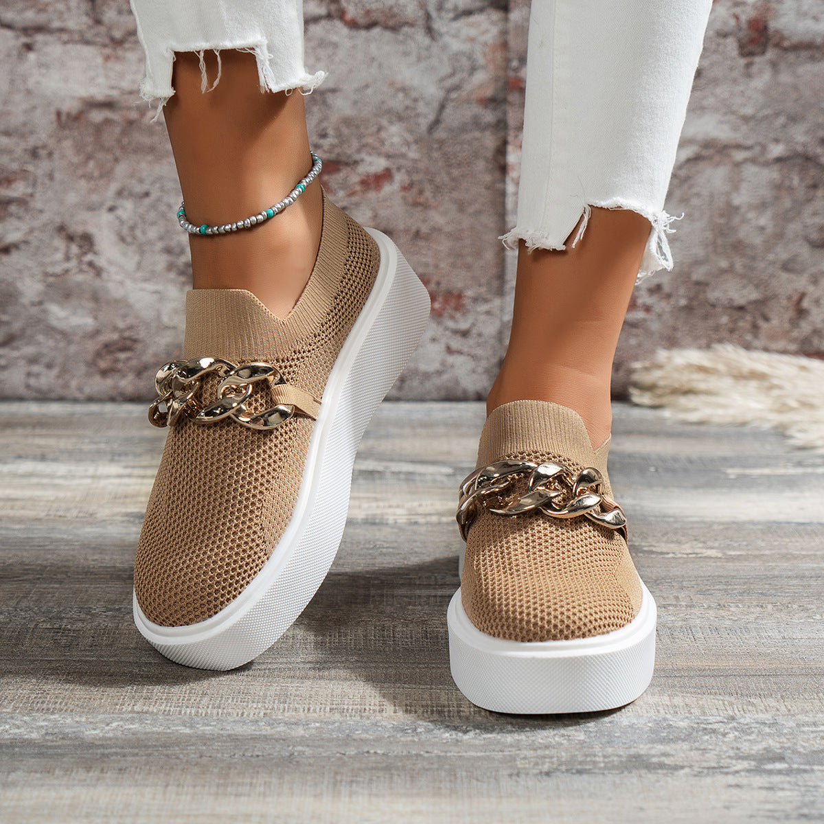 Chaussures Plates à Chaîne pour Femmes, Chaussures Respirantes en Maille