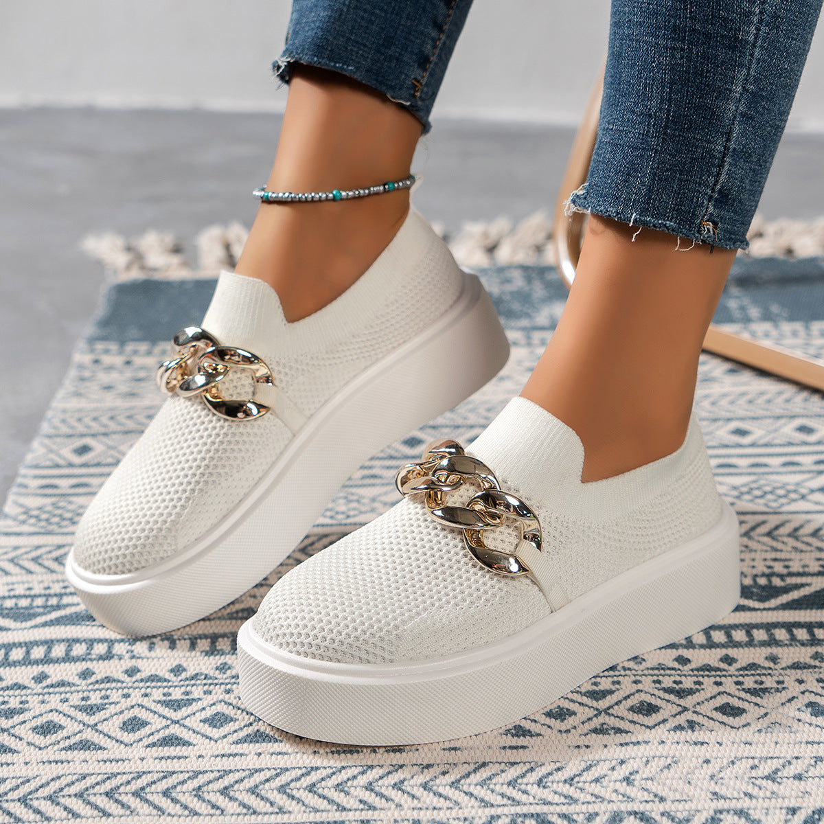 Chaussures Plates à Chaîne pour Femmes, Chaussures Respirantes en Maille