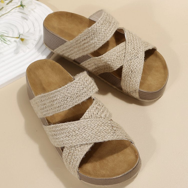 Sandales d'été plates à brides croisées tissées – Chaussures de plage femme