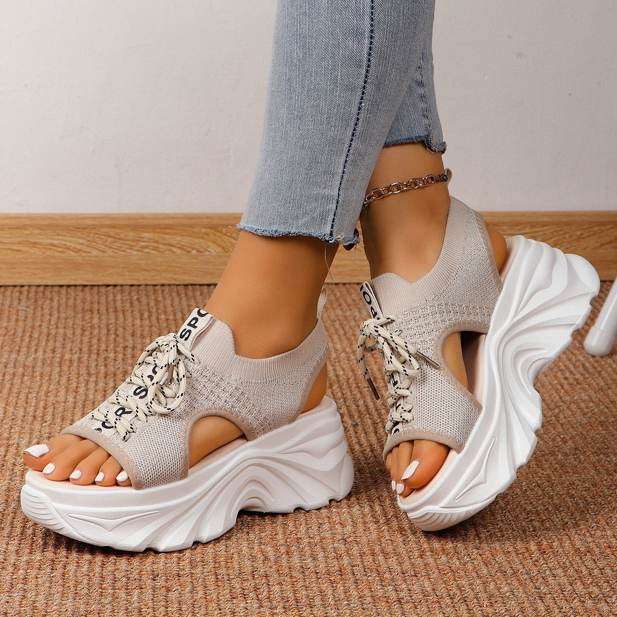 Sandales Femme Tendance à Talon Moyen en Maille Respirante