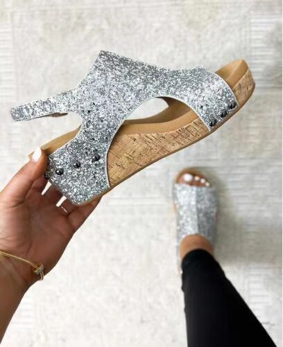 Sandales compensées été femme – Paillettes & Scratch tendance