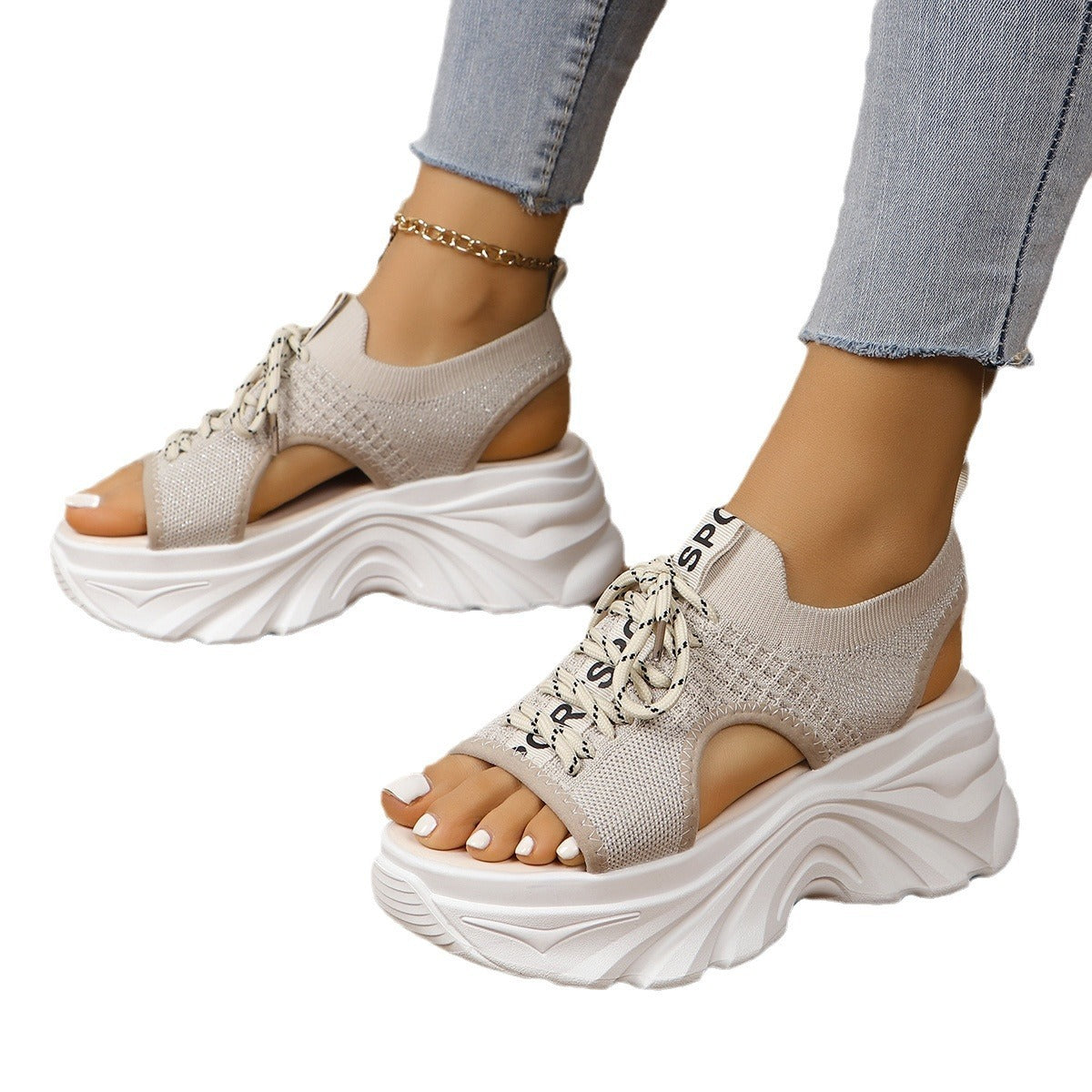 Sandales Femme Tendance à Talon Moyen en Maille Respirante