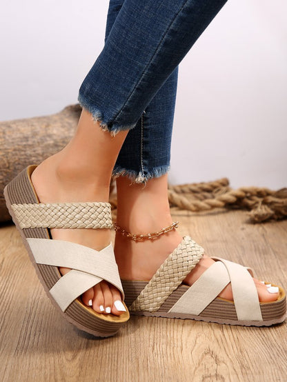 Sandales d'été plates à brides croisées tissées – Chaussures de plage femme