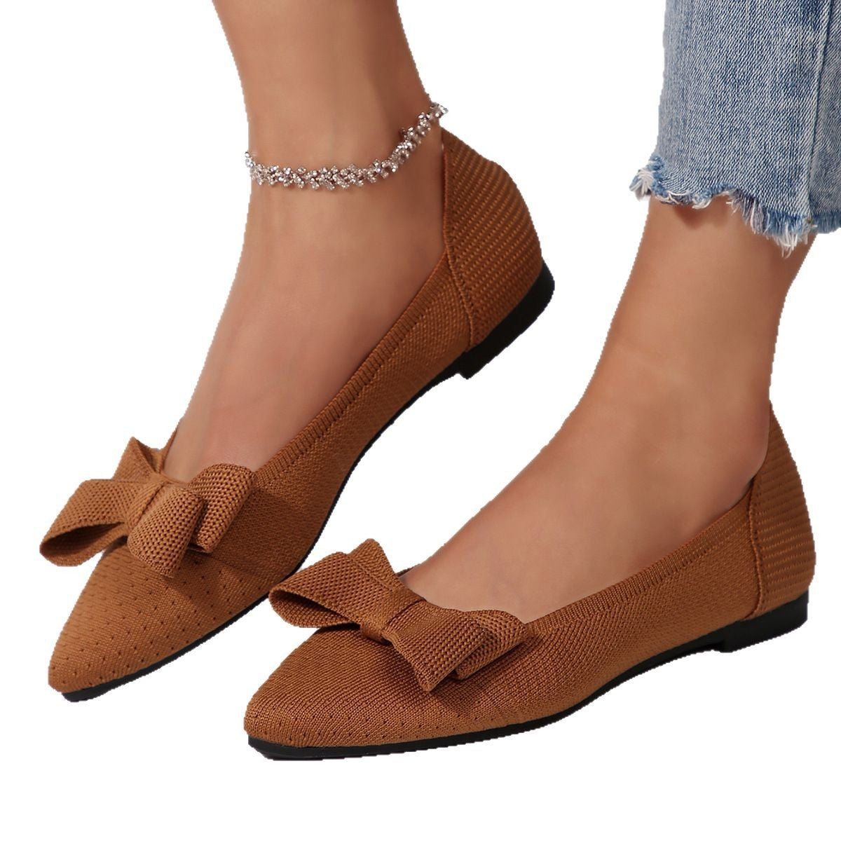 Escarpins plats femme, tricotés avec nœud, bout pointu, style western.