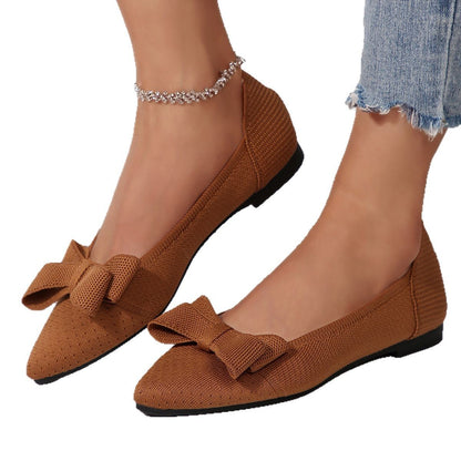 Escarpins plats femme, tricotés avec nœud, bout pointu, style western.