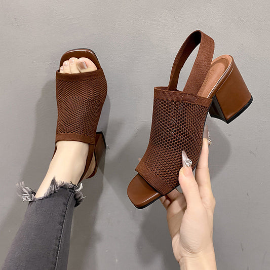 Sandales à Talons Épais Tissées – Style Européen et Américain pour Femme