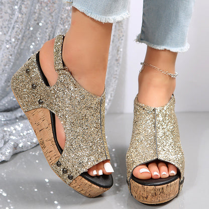 Sandales compensées été femme – Paillettes & Scratch tendance