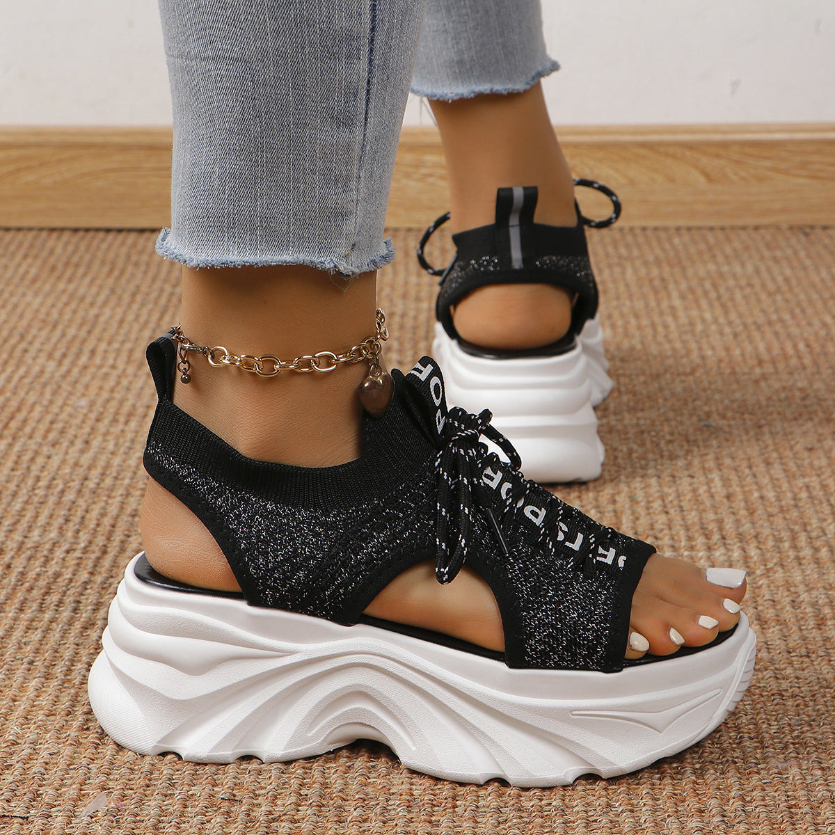 Sandales Femme Tendance à Talon Moyen en Maille Respirante