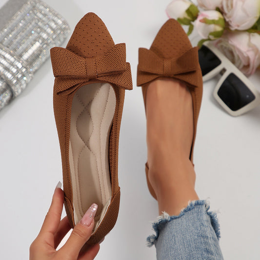 Escarpins plats femme, tricotés avec nœud, bout pointu, style western.
