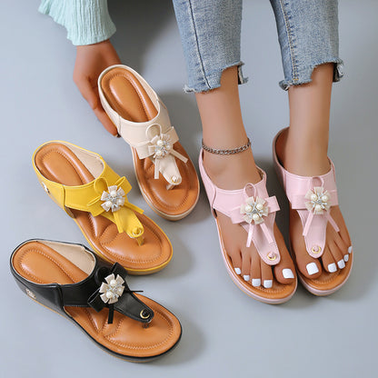 Sandales Fleur & Perle Femme – Élégance Estivale à Talon Compensé