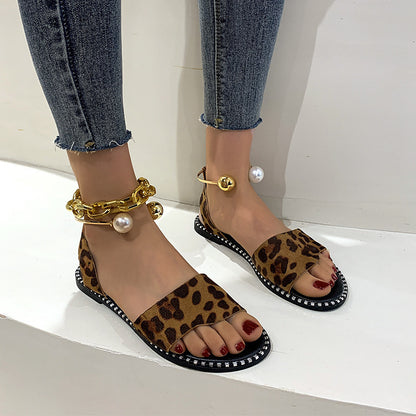 andales Élégantes à Perles & Imprimé Léopard – Anneau Métallique Tendance