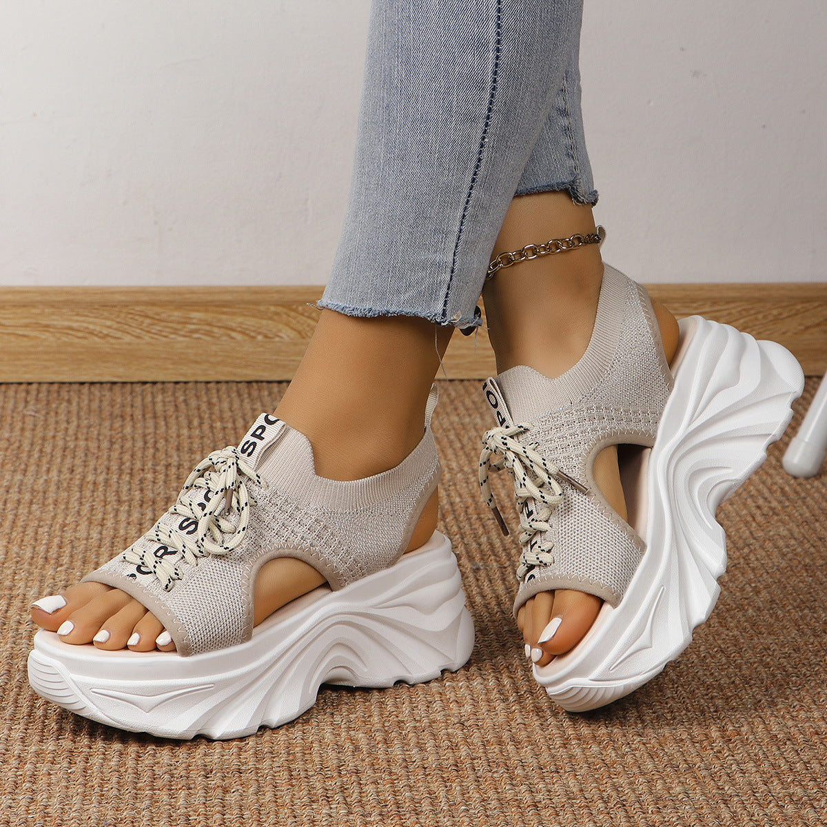 Sandales Femme Tendance à Talon Moyen en Maille Respirante
