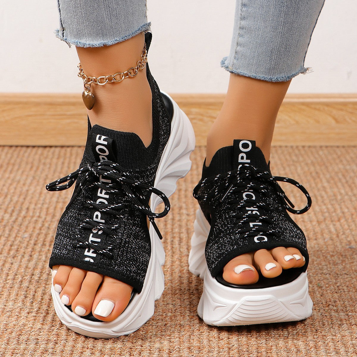 Sandales Femme Tendance à Talon Moyen en Maille Respirante