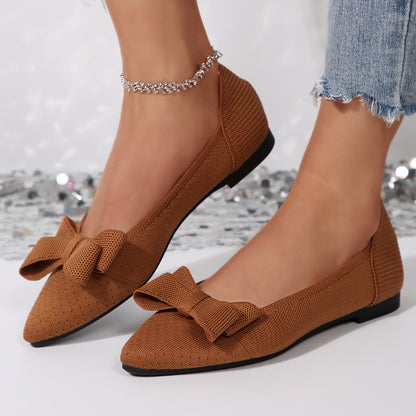 Escarpins plats femme, tricotés avec nœud, bout pointu, style western.