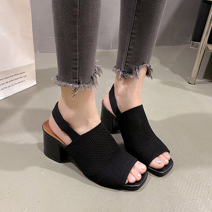 Sandales à Talons Épais Tissées – Style Européen et Américain pour Femme