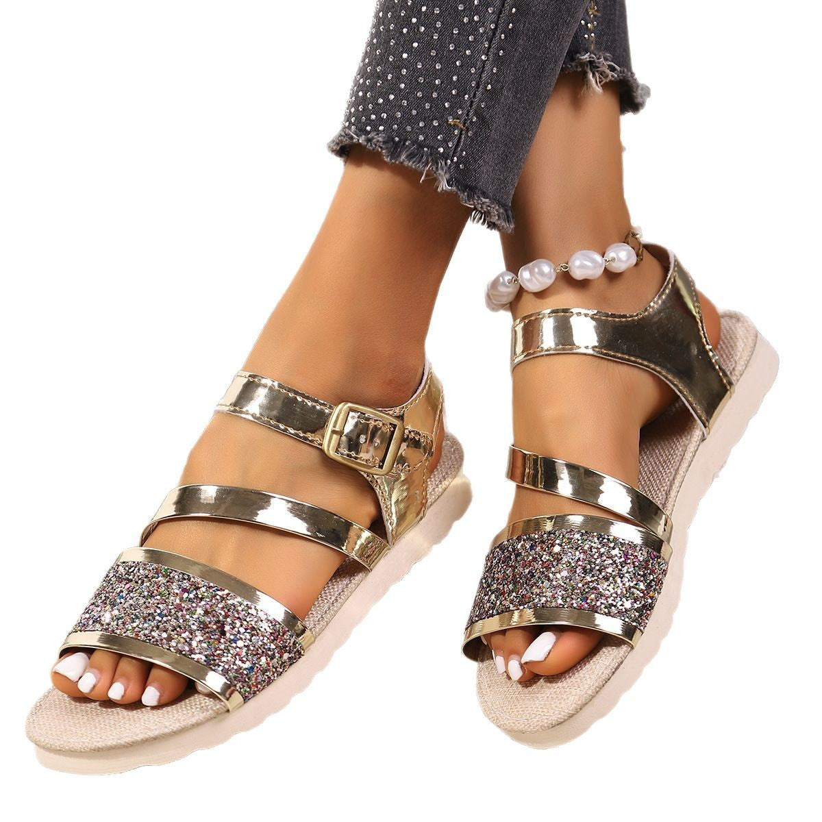 Sandales à plateforme à boucle mode pailletée grande taille