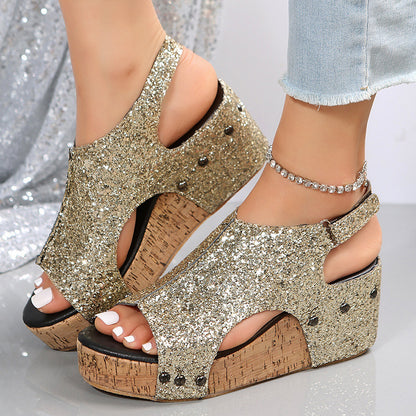 Sandales compensées été femme – Paillettes & Scratch tendance
