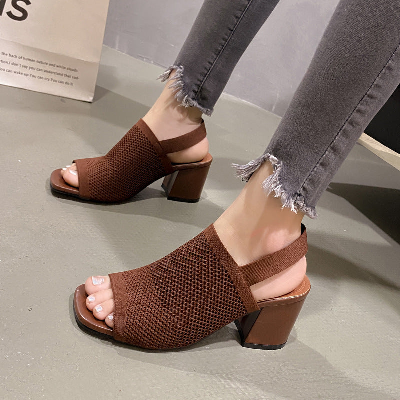 Sandales à Talons Épais Tissées – Style Européen et Américain pour Femme